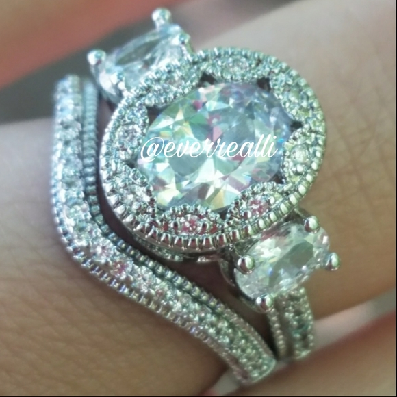 Silver Three Stone Oval Cut Fancy Halo Diamond Ring - Picture 8 of 8